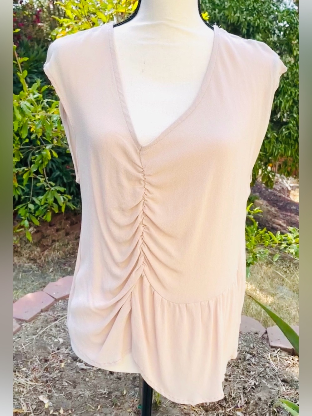 NWT Grade & Gather Asymmetrical Shirred Top Blouse Tee in Sand